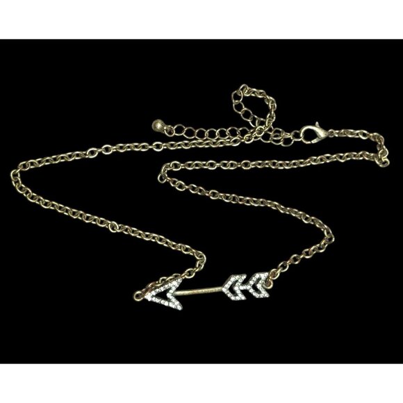 Outdoor Fantasy Themed Arrow Necklace Antiqued Gold Tone With Rhinestones - Picture 1 of 6